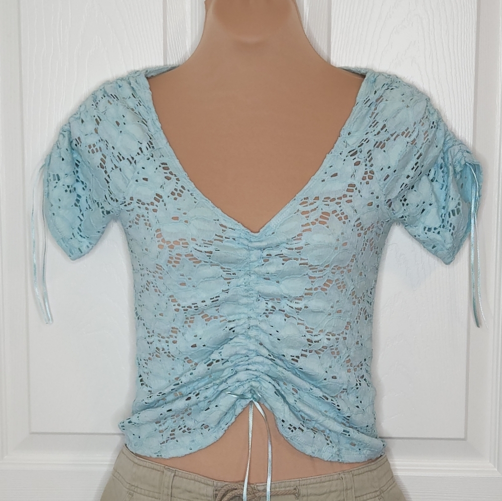 Vintage 90s Guess Jeans Lace Top Scoop Neck sky blue knit dainty